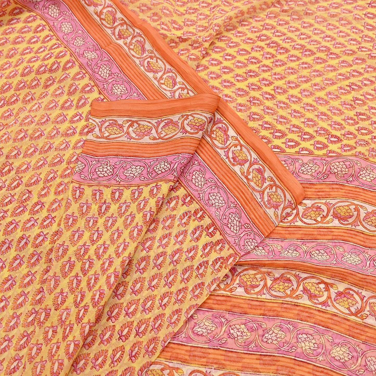 Indian Vintage Sari Yellow Pure Chiffon Silk Printed Saree 5Yd Craft Fabric Sewing Soft Light Sari Dress Making Quilting For Crating