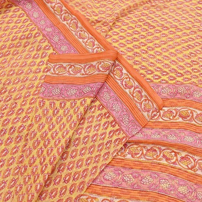 Indian Vintage Sari Yellow Pure Chiffon Silk Printed Saree 5Yd Craft Fabric Sewing Soft Light Sari Dress Making Quilting For Crating