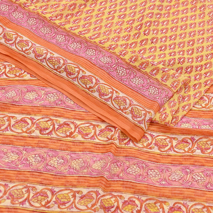Indian Vintage Sari Yellow Pure Chiffon Silk Printed Saree 5Yd Craft Fabric Sewing Soft Light Sari Dress Making Quilting For Crating