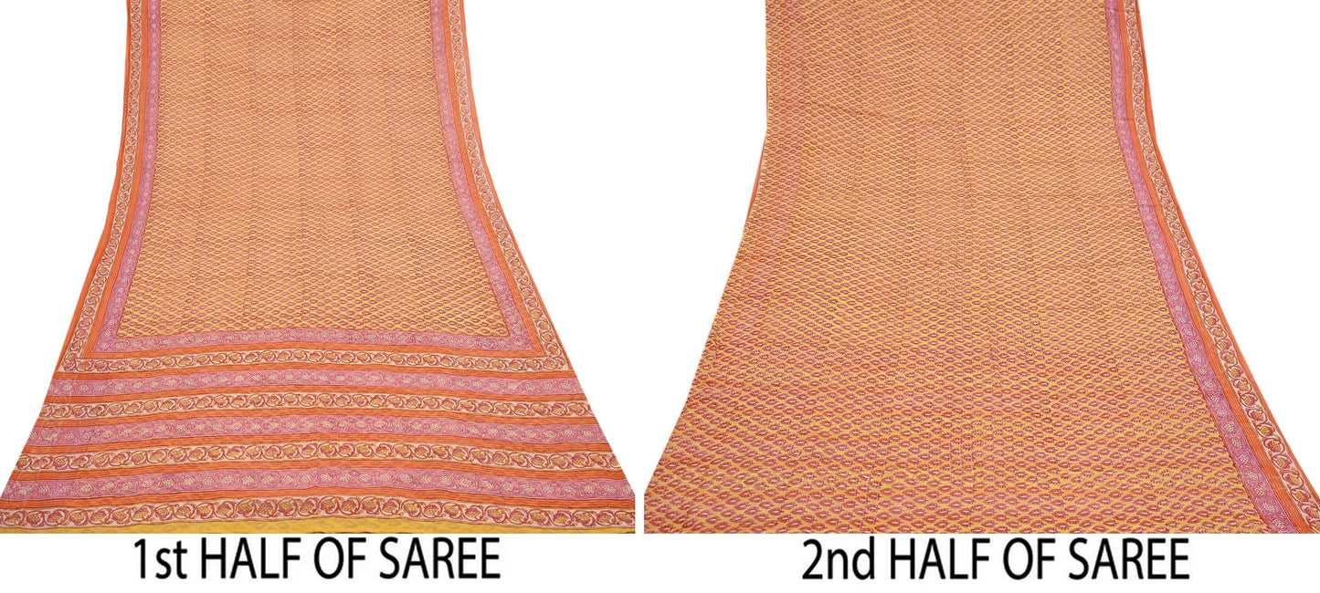 Indian Vintage Sari Yellow Pure Chiffon Silk Printed Saree 5Yd Craft Fabric Sewing Soft Light Sari Dress Making Quilting For Crating