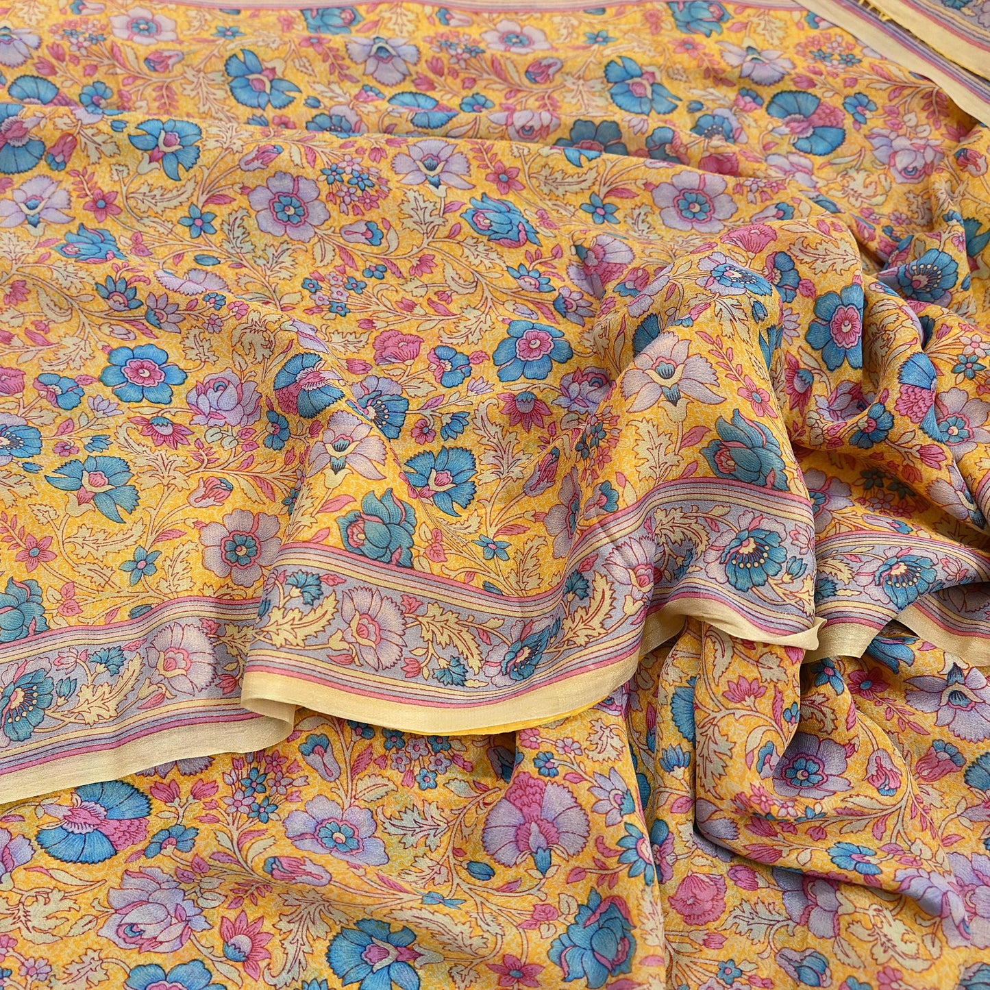 Indian Vintage Sari Yellow 100% Pure Georgette Silk Block Printed Sarees Sewing 5yd Craft Soft Dress Designing for Crafting Abstract