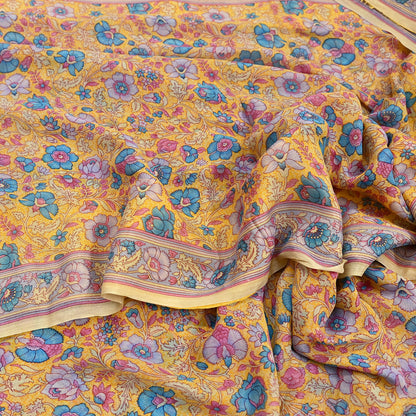Indian Vintage Sari Yellow 100% Pure Georgette Silk Block Printed Sarees Sewing 5yd Craft Soft Dress Designing for Crafting Abstract