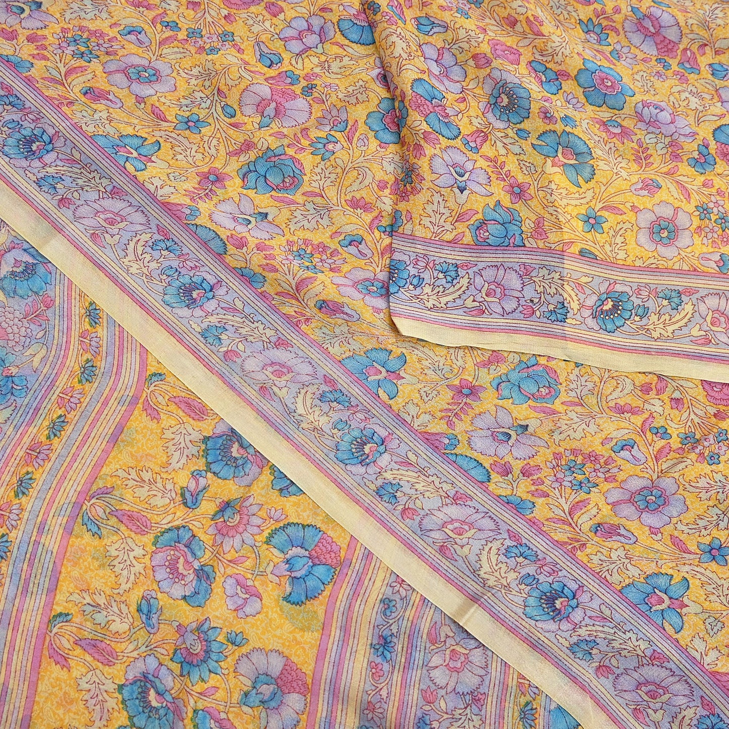 Indian Vintage Sari Yellow 100% Pure Georgette Silk Block Printed Sarees Sewing 5yd Craft Soft Dress Designing for Crafting Abstract