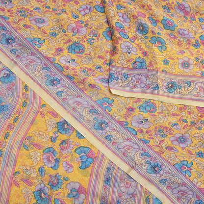 Indian Vintage Sari Yellow 100% Pure Georgette Silk Block Printed Sarees Sewing 5yd Craft Soft Dress Designing for Crafting Abstract