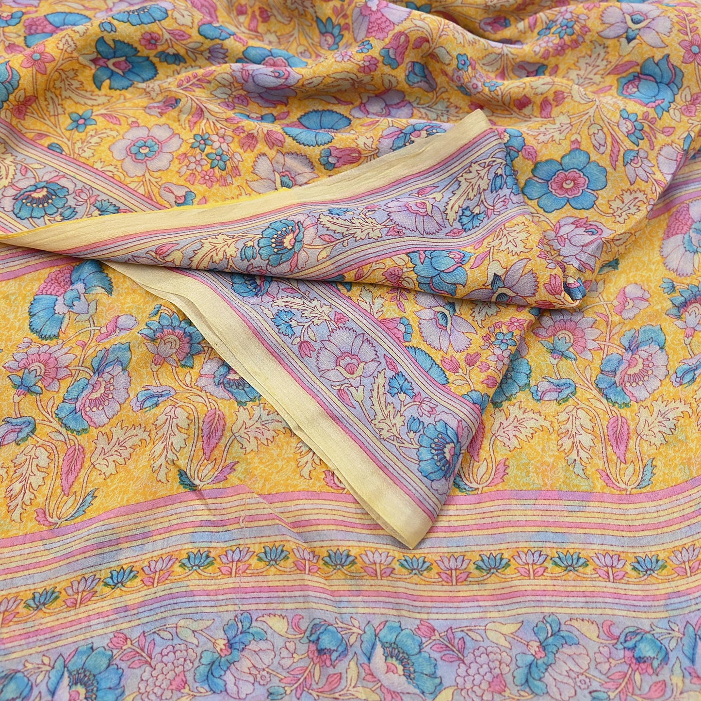 Indian Vintage Sari Yellow 100% Pure Georgette Silk Block Printed Sarees Sewing 5yd Craft Soft Dress Designing for Crafting Abstract