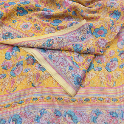 Indian Vintage Sari Yellow 100% Pure Georgette Silk Block Printed Sarees Sewing 5yd Craft Soft Dress Designing for Crafting Abstract