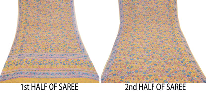 Indian Vintage Sari Yellow 100% Pure Georgette Silk Block Printed Sarees Sewing 5yd Craft Soft Dress Designing for Crafting Abstract
