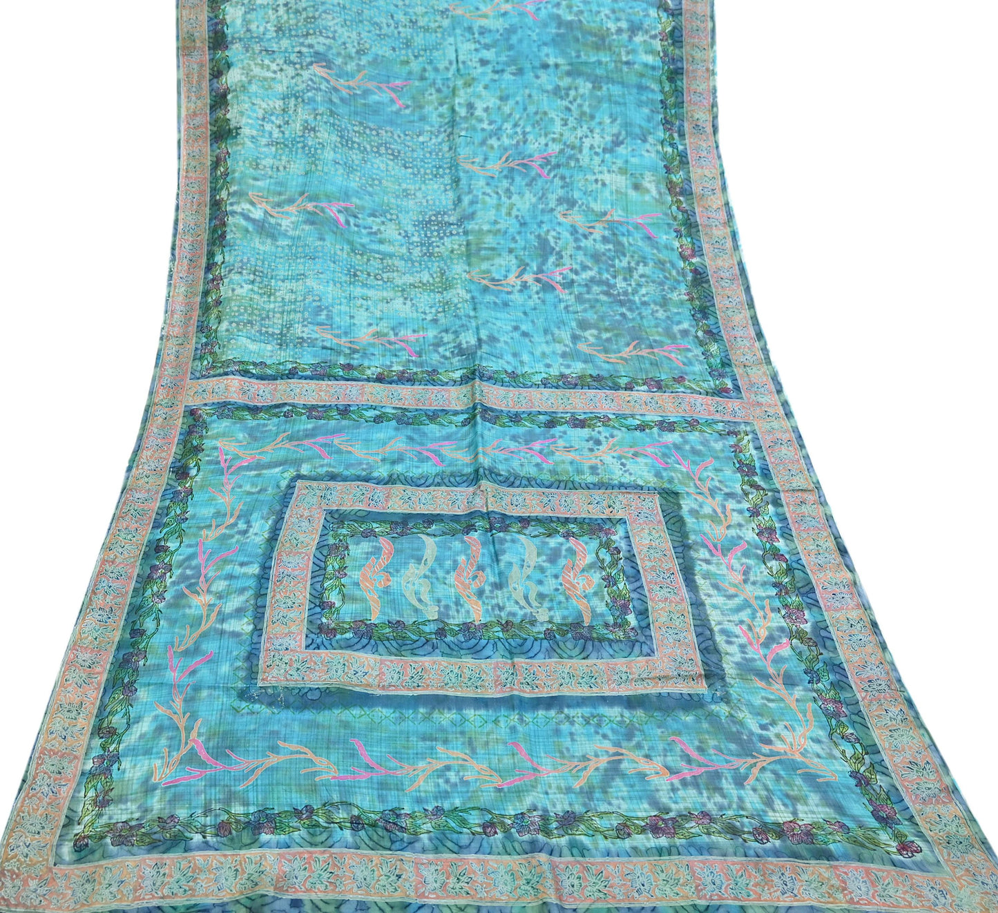 Indian Vintage Sari Blue & Turquoise Printed Sari Pure Silk Sarees 5yd Craft Fabric Sewing Soft Floral Wrap Upcycle Quilting Dress Designing