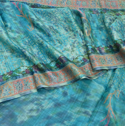 Indian Vintage Sari Blue & Turquoise Printed Sari Pure Silk Sarees 5yd Craft Fabric Sewing Soft Floral Wrap Upcycle Quilting Dress Designing