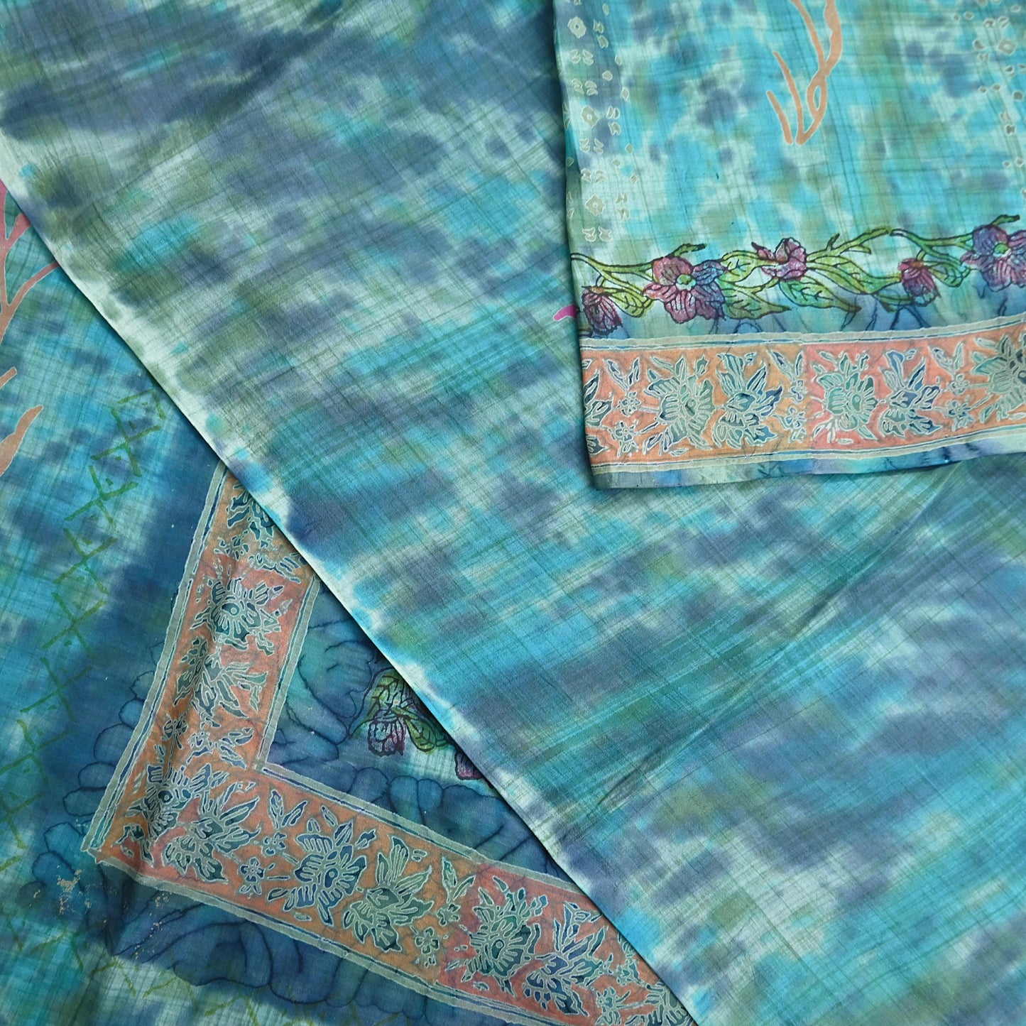 Indian Vintage Sari Blue & Turquoise Printed Sari Pure Silk Sarees 5yd Craft Fabric Sewing Soft Floral Wrap Upcycle Quilting Dress Designing