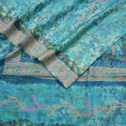 Indian Vintage Sari Blue & Turquoise Printed Sari Pure Silk Sarees 5yd Craft Fabric Sewing Soft Floral Wrap Upcycle Quilting Dress Designing