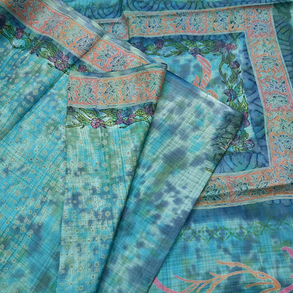 Indian Vintage Sari Blue & Turquoise Printed Sari Pure Silk Sarees 5yd Craft Fabric Sewing Soft Floral Wrap Upcycle Quilting Dress Designing