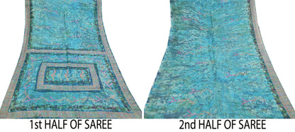 Indian Vintage Sari Blue & Turquoise Printed Sari Pure Silk Sarees 5yd Craft Fabric Sewing Soft Floral Wrap Upcycle Quilting Dress Designing