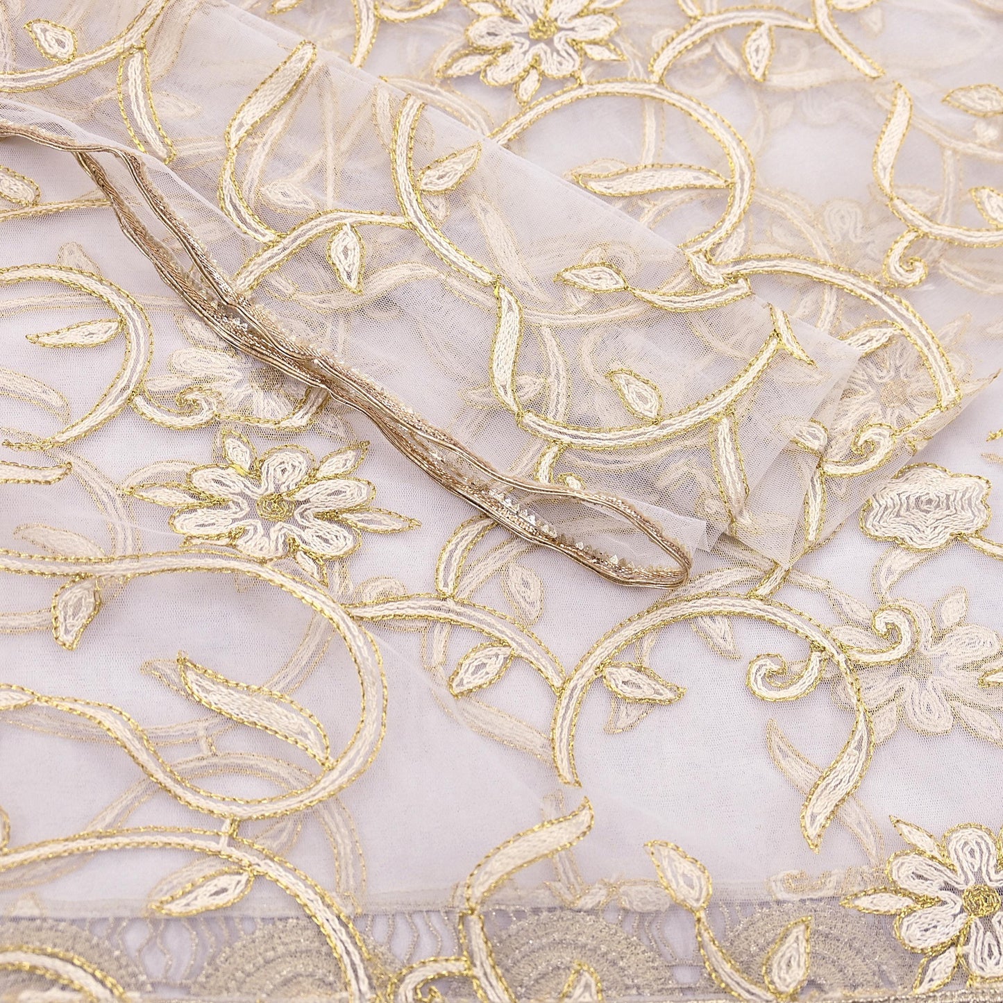 Indian Vintage Heavy Dupatta White Net Mesh Long Stole Hand Embroidered Scarves Wedding/Party Wear