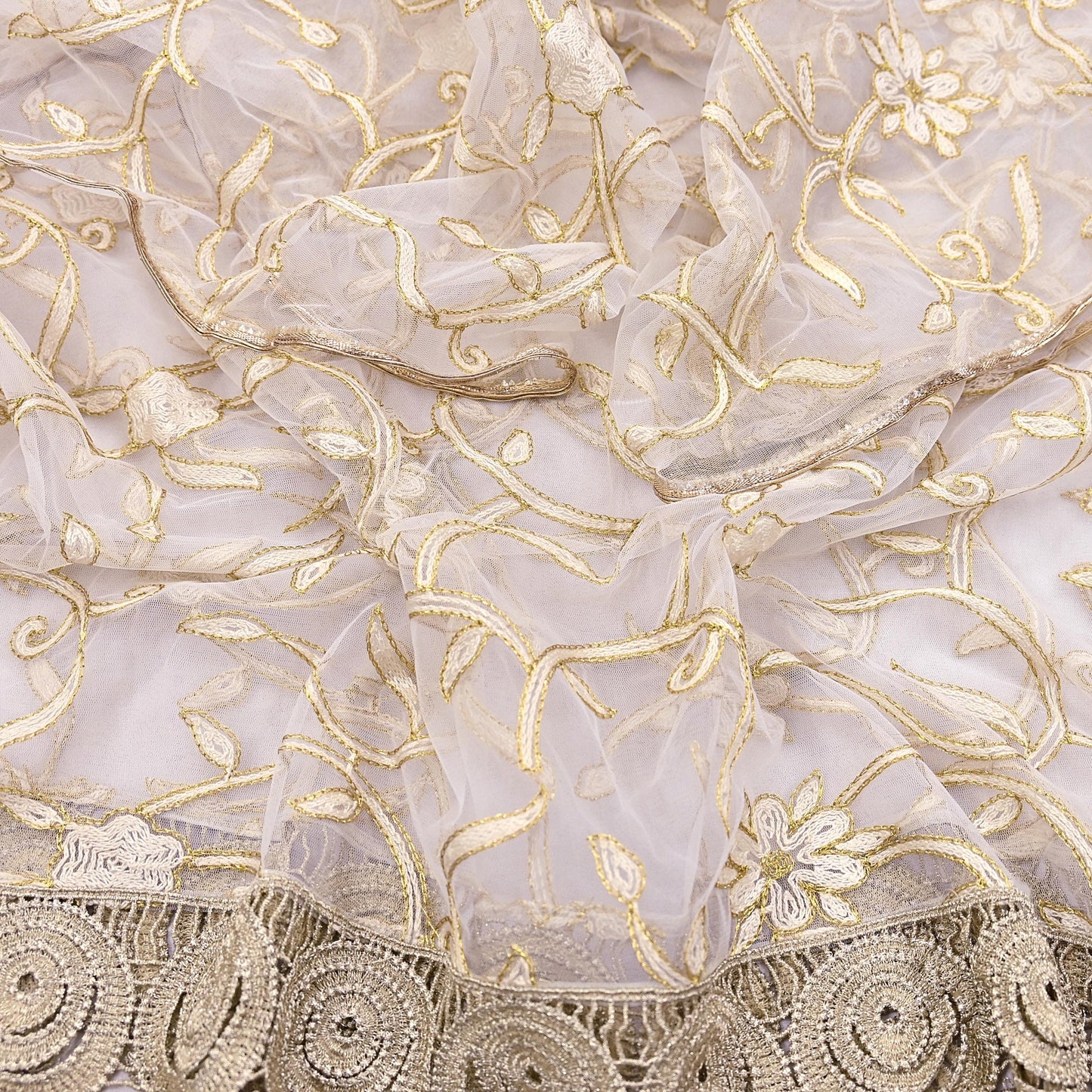 Indian Vintage Heavy Dupatta White Net Mesh Long Stole Hand Embroidered Scarves Wedding/Party Wear
