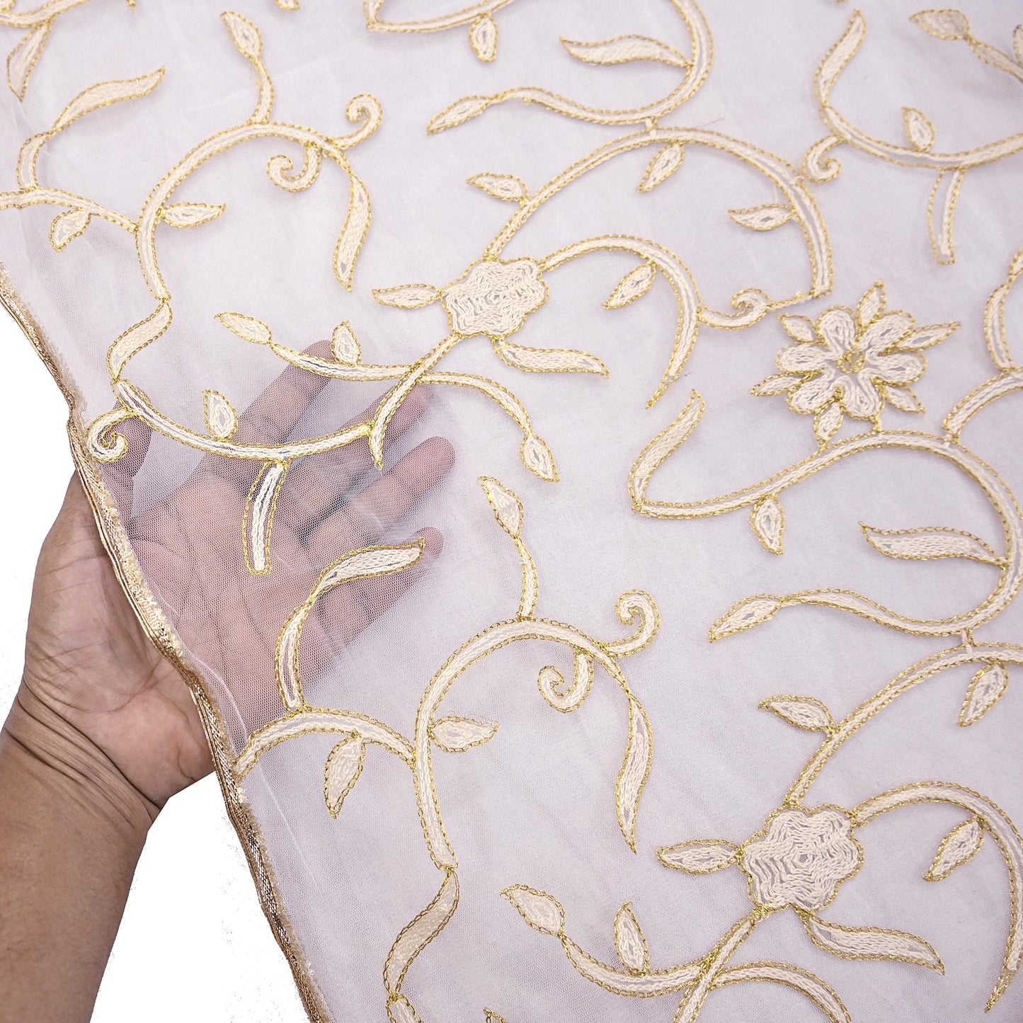 Indian Vintage Heavy Dupatta White Net Mesh Long Stole Hand Embroidered Scarves Wedding/Party Wear