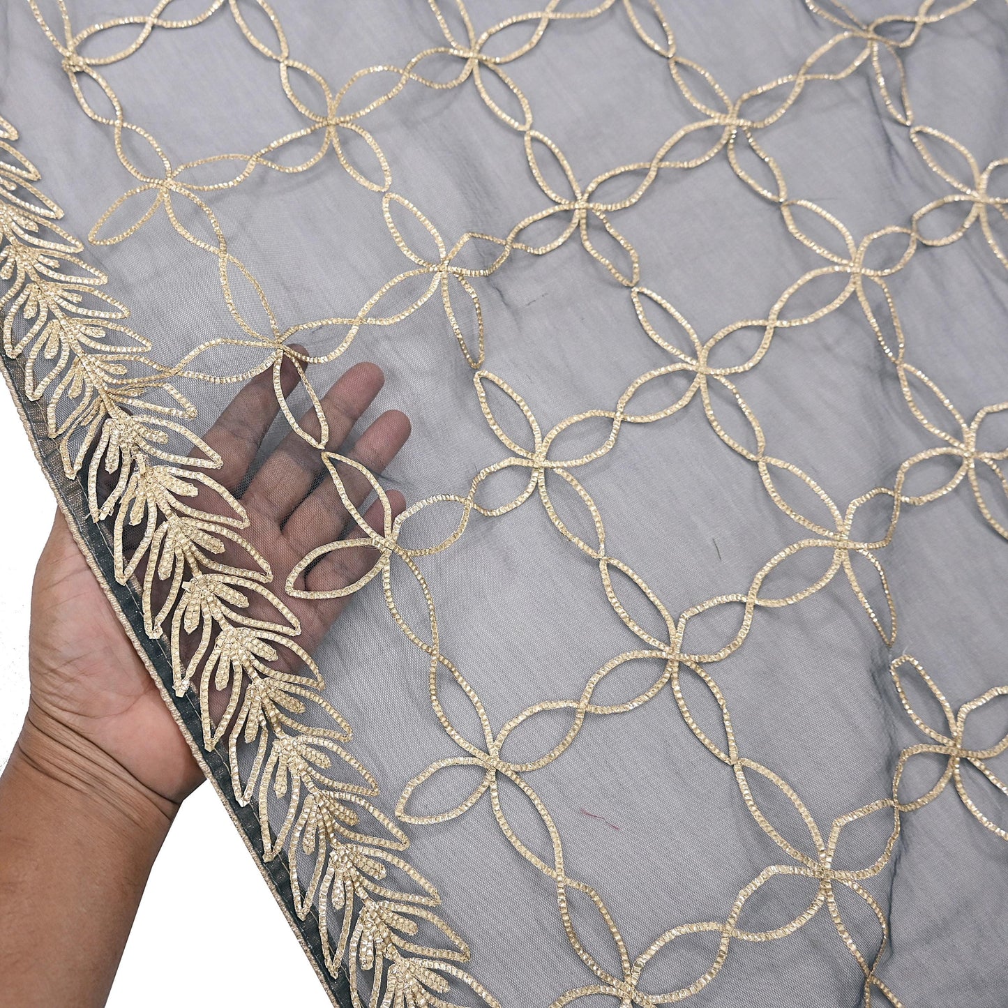 Indian Vintage Gray Dupatta Net Mesh Long Stole Hand Embroidered Gota Patti Scarves Veil