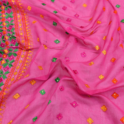Indian Vintage Dupatta Pink Chanderi Long Stole Hand Embroidered Bagh Phulkari Stole Scarves Party wear