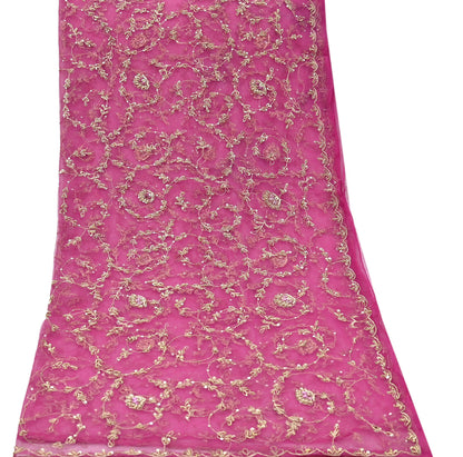 Indian Vintage Pink Dupatta Net Mesh Long Stole Hand Embroidered Scarves Zardozi Zari Sequins Hijab Veil wrap Boho