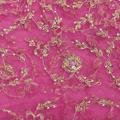 Indian Vintage Pink Dupatta Net Mesh Long Stole Hand Embroidered Scarves Zardozi Zari Sequins Hijab Veil wrap Boho
