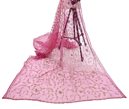 Indian Vintage Pink Dupatta Net Mesh Long Stole Hand Embroidered Scarves Zardozi Zari Sequins Hijab Veil wrap Boho