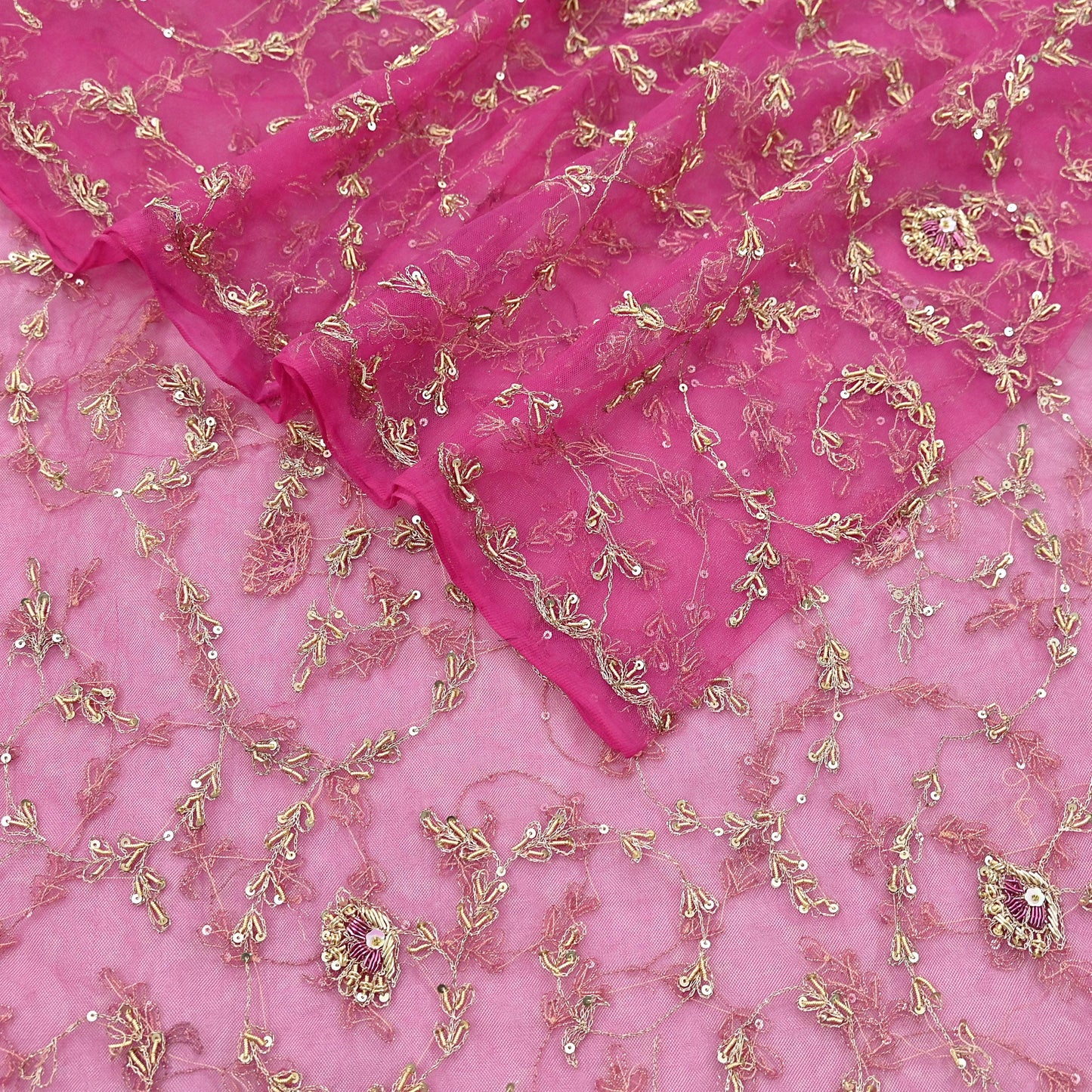 Indian Vintage Pink Dupatta Net Mesh Long Stole Hand Embroidered Scarves Zardozi Zari Sequins Hijab Veil wrap Boho