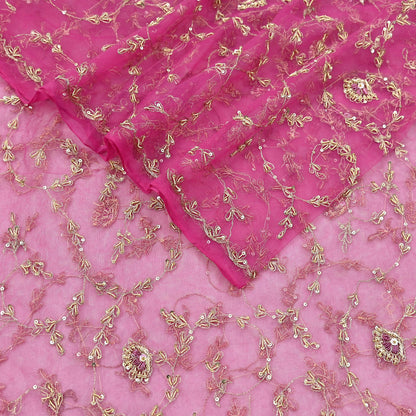Indian Vintage Pink Dupatta Net Mesh Long Stole Hand Embroidered Scarves Zardozi Zari Sequins Hijab Veil wrap Boho