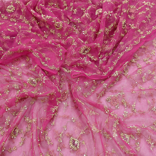 Indian Vintage Pink Dupatta Net Mesh Long Stole Hand Embroidered Scarves Zardozi Zari Sequins Hijab Veil wrap Boho