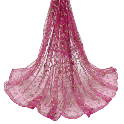 Indian Vintage Pink Dupatta Net Mesh Long Stole Hand Embroidered Scarves Zardozi Zari Sequins Hijab Veil wrap Boho