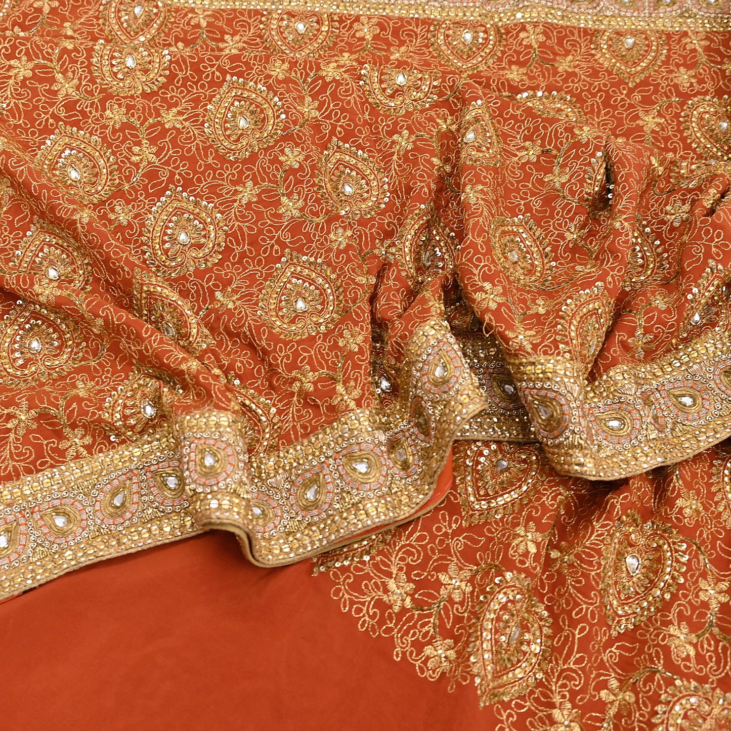 Indian Vintage Orange Saree Pure Crepe Silk Hand Embroidered Sari Craft Fabric 5Yd Sewing Soft Zari Dress making