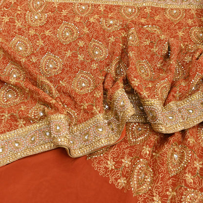 Indian Vintage Orange Saree Pure Crepe Silk Hand Embroidered Sari Craft Fabric 5Yd Sewing Soft Zari Dress making