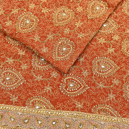 Indian Vintage Orange Saree Pure Crepe Silk Hand Embroidered Sari Craft Fabric 5Yd Sewing Soft Zari Dress making
