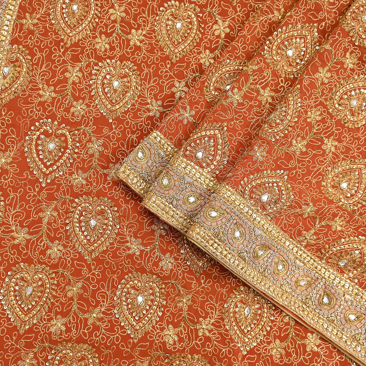 Indian Vintage Orange Saree Pure Crepe Silk Hand Embroidered Sari Craft Fabric 5Yd Sewing Soft Zari Dress making
