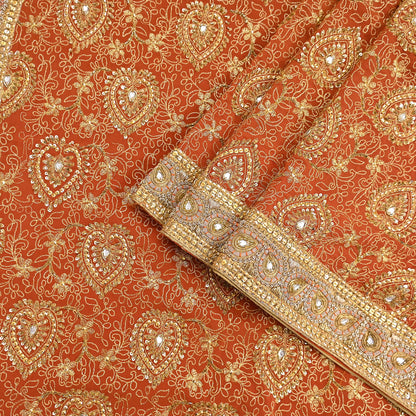 Indian Vintage Orange Saree Pure Crepe Silk Hand Embroidered Sari Craft Fabric 5Yd Sewing Soft Zari Dress making