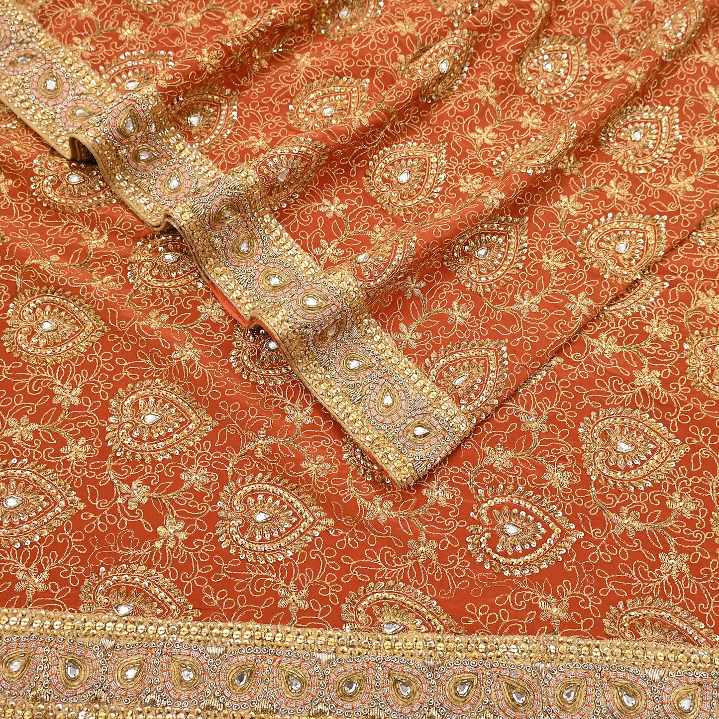 Indian Vintage Orange Saree Pure Crepe Silk Hand Embroidered Sari Craft Fabric 5Yd Sewing Soft Zari Dress making