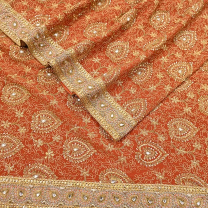 Indian Vintage Orange Saree Pure Crepe Silk Hand Embroidered Sari Craft Fabric 5Yd Sewing Soft Zari Dress making