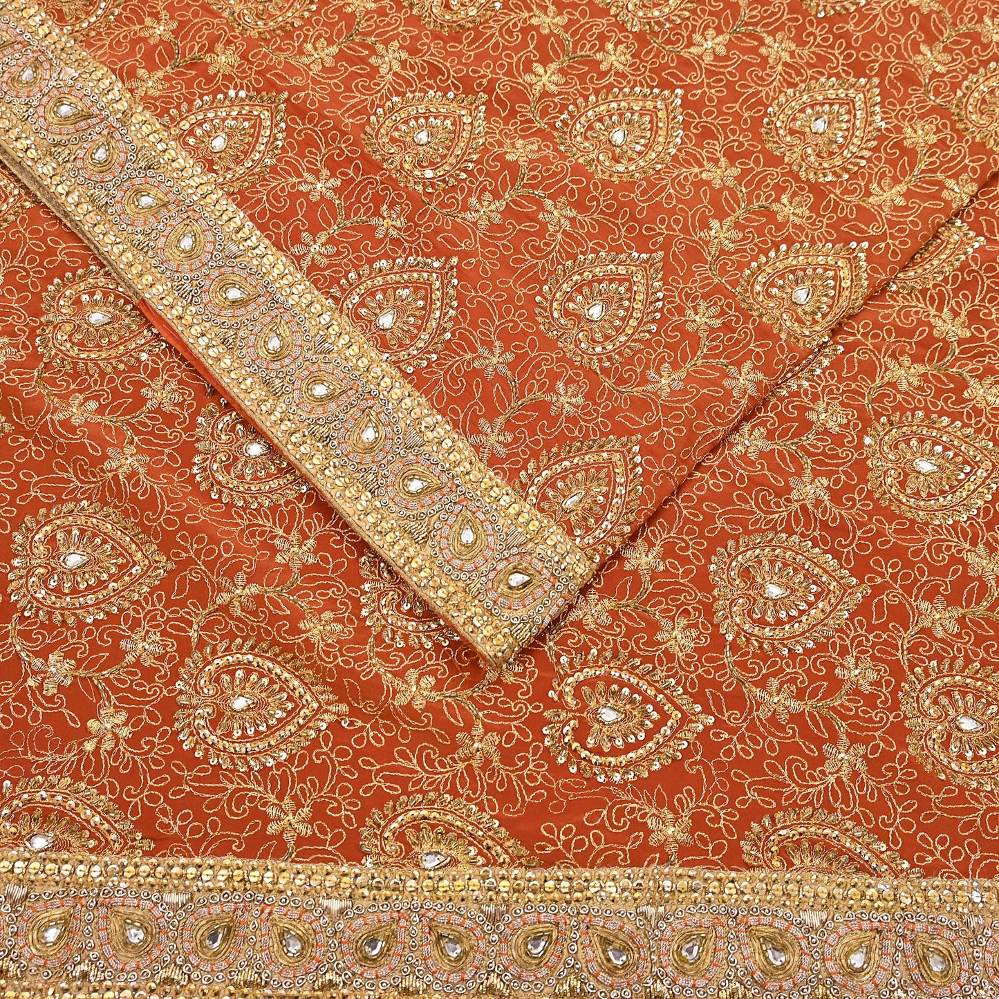 Indian Vintage Orange Saree Pure Crepe Silk Hand Embroidered Sari Craft Fabric 5Yd Sewing Soft Zari Dress making