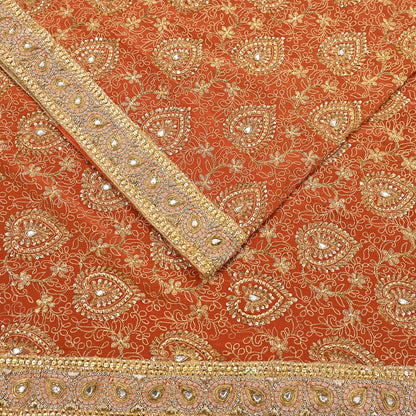 Indian Vintage Orange Saree Pure Crepe Silk Hand Embroidered Sari Craft Fabric 5Yd Sewing Soft Zari Dress making