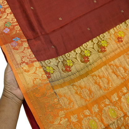 Indian Vintage Heavy Sari Maroon & Saffron Pure silk Hand Woven Kanjivaram Saree Fabric 5Yd Ethnic Zari Dress making Crafting Bollywood sari