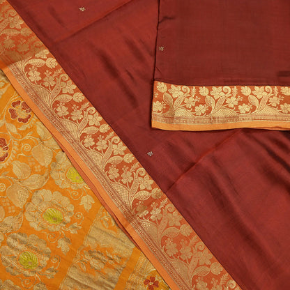 Indian Vintage Heavy Sari Maroon & Saffron Pure silk Hand Woven Kanjivaram Saree Fabric 5Yd Ethnic Zari Dress making Crafting Bollywood sari