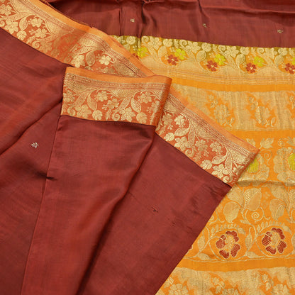 Indian Vintage Heavy Sari Maroon & Saffron Pure silk Hand Woven Kanjivaram Saree Fabric 5Yd Ethnic Zari Dress making Crafting Bollywood sari