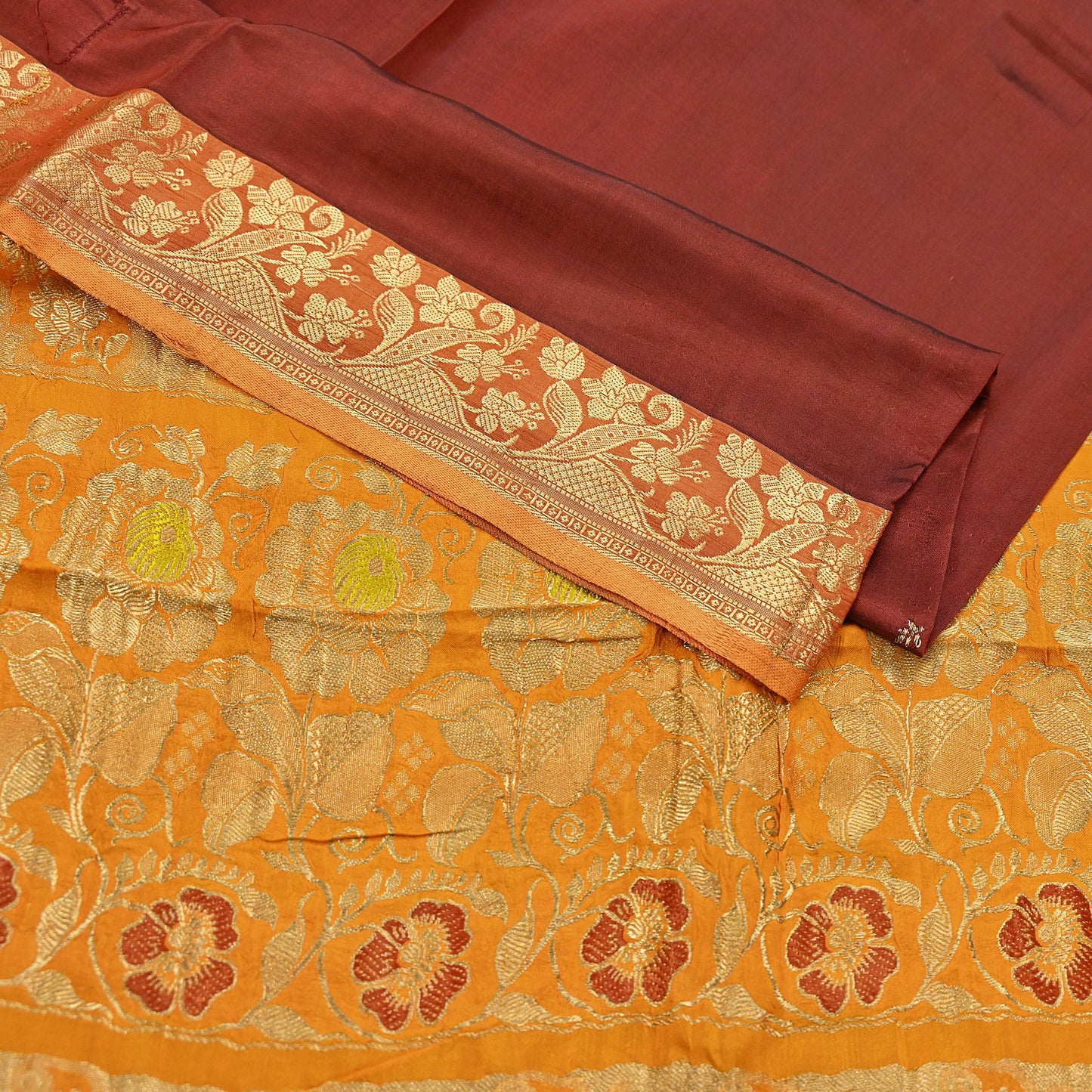 Indian Vintage Heavy Sari Maroon & Saffron Pure silk Hand Woven Kanjivaram Saree Fabric 5Yd Ethnic Zari Dress making Crafting Bollywood sari
