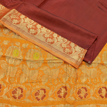 Indian Vintage Heavy Sari Maroon & Saffron Pure silk Hand Woven Kanjivaram Saree Fabric 5Yd Ethnic Zari Dress making Crafting Bollywood sari