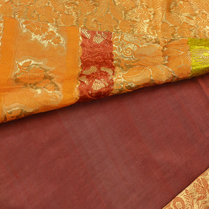 Indian Vintage Heavy Sari Maroon & Saffron Pure silk Hand Woven Kanjivaram Saree Fabric 5Yd Ethnic Zari Dress making Crafting Bollywood sari