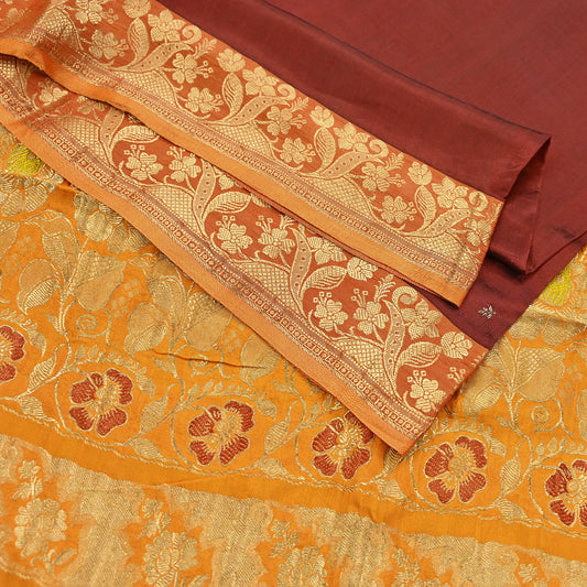 Indian Vintage Heavy Sari Maroon & Saffron Pure silk Hand Woven Kanjivaram Saree Fabric 5Yd Ethnic Zari Dress making Crafting Bollywood sari