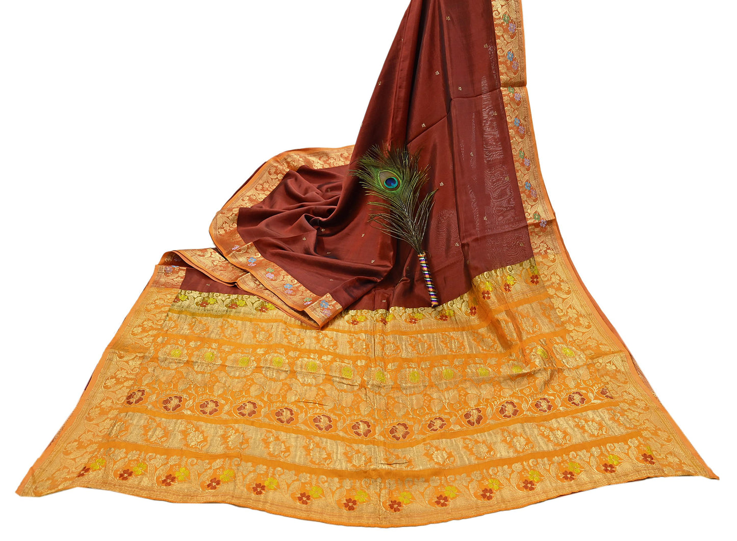 Indian Vintage Heavy Sari Maroon & Saffron Pure silk Hand Woven Kanjivaram Saree Fabric 5Yd Ethnic Zari Dress making Crafting Bollywood sari