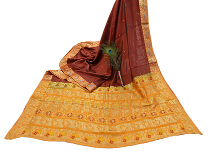 Indian Vintage Heavy Sari Maroon & Saffron Pure silk Hand Woven Kanjivaram Saree Fabric 5Yd Ethnic Zari Dress making Crafting Bollywood sari