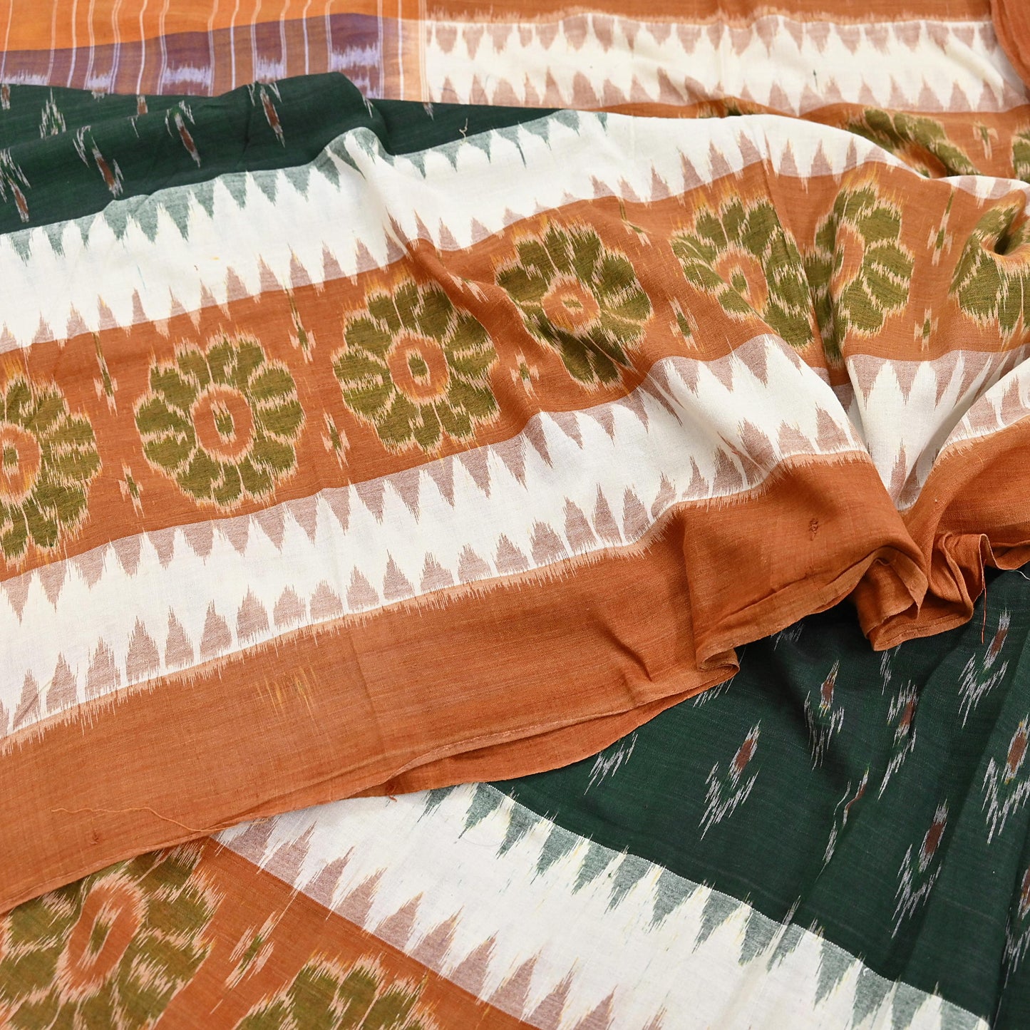 Indian Vintage Sari Rusty & Green Hand woven Sambalpuri Ikat Sarees Pure Cotton Craft Fabric 5Yd Ethnic Chackra Border Dress Making Upcycle