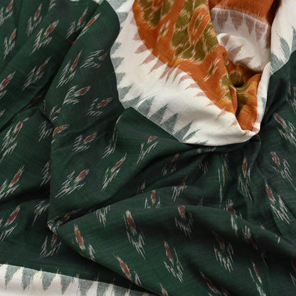 Indian Vintage Sari Rusty & Green Hand woven Sambalpuri Ikat Sarees Pure Cotton Craft Fabric 5Yd Ethnic Chackra Border Dress Making Upcycle