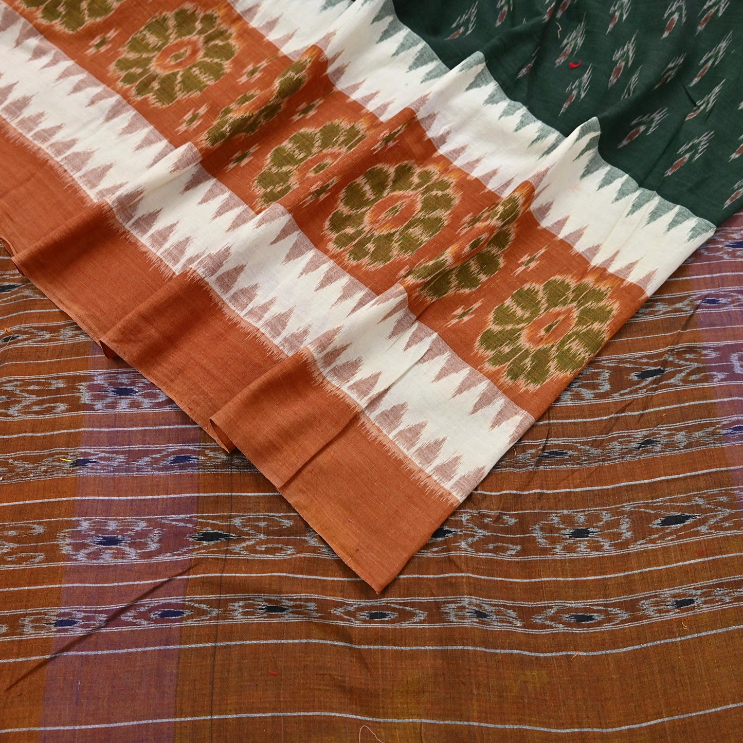 Indian Vintage Sari Rusty & Green Hand woven Sambalpuri Ikat Sarees Pure Cotton Craft Fabric 5Yd Ethnic Chackra Border Dress Making Upcycle